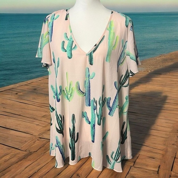 Buddy Love Cactus‎ Print V Neck Blouse Womens Size Large Pink Southwest - Picture 1 of 8